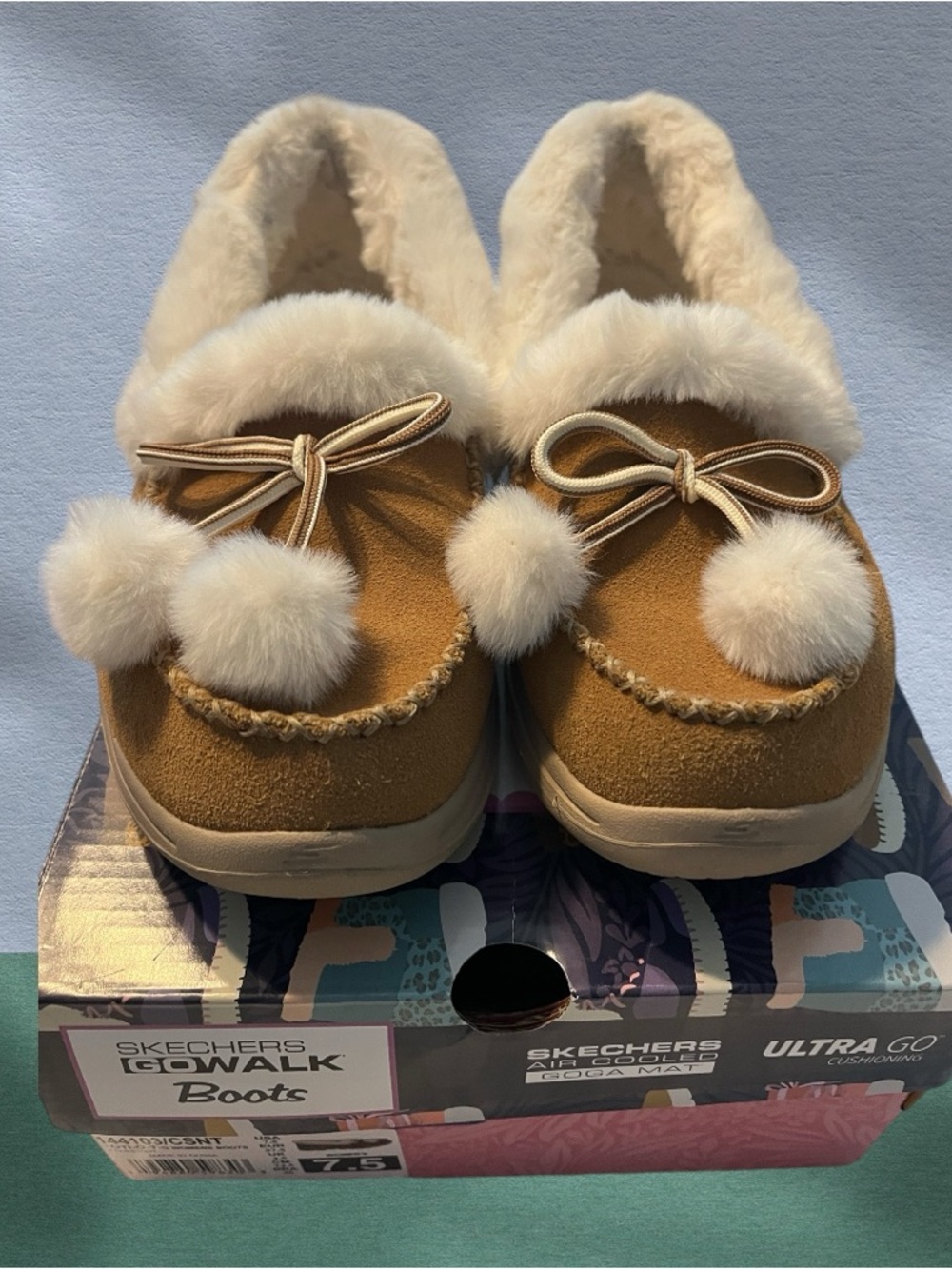 Skechers Women's Tan Faux-Suede Pom Pom Slip-Ons